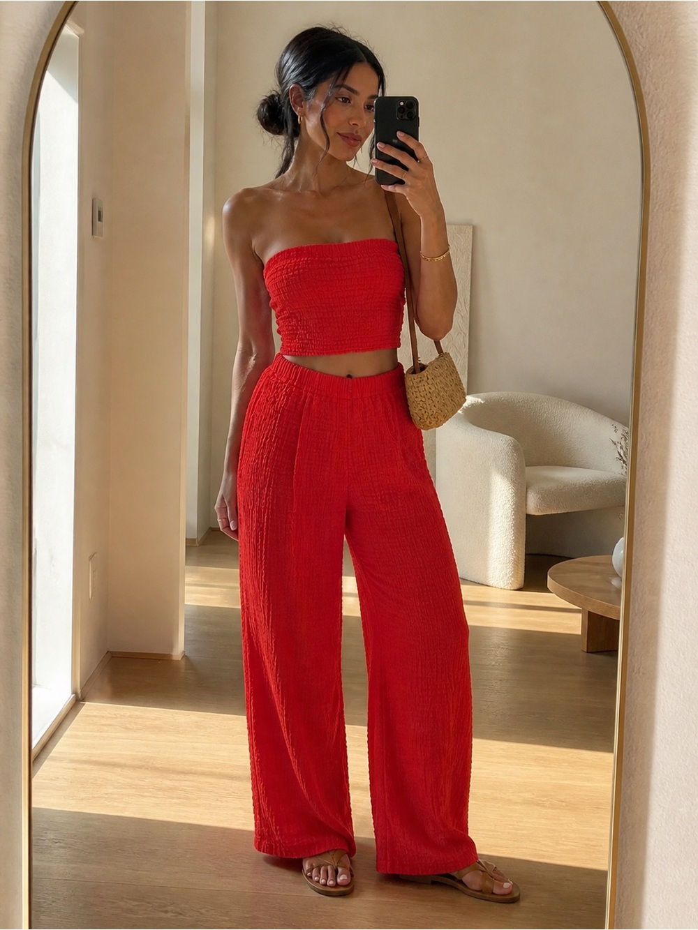 LG Red Strapless Smocked Crop Top with Wide-Leg Pants Set
